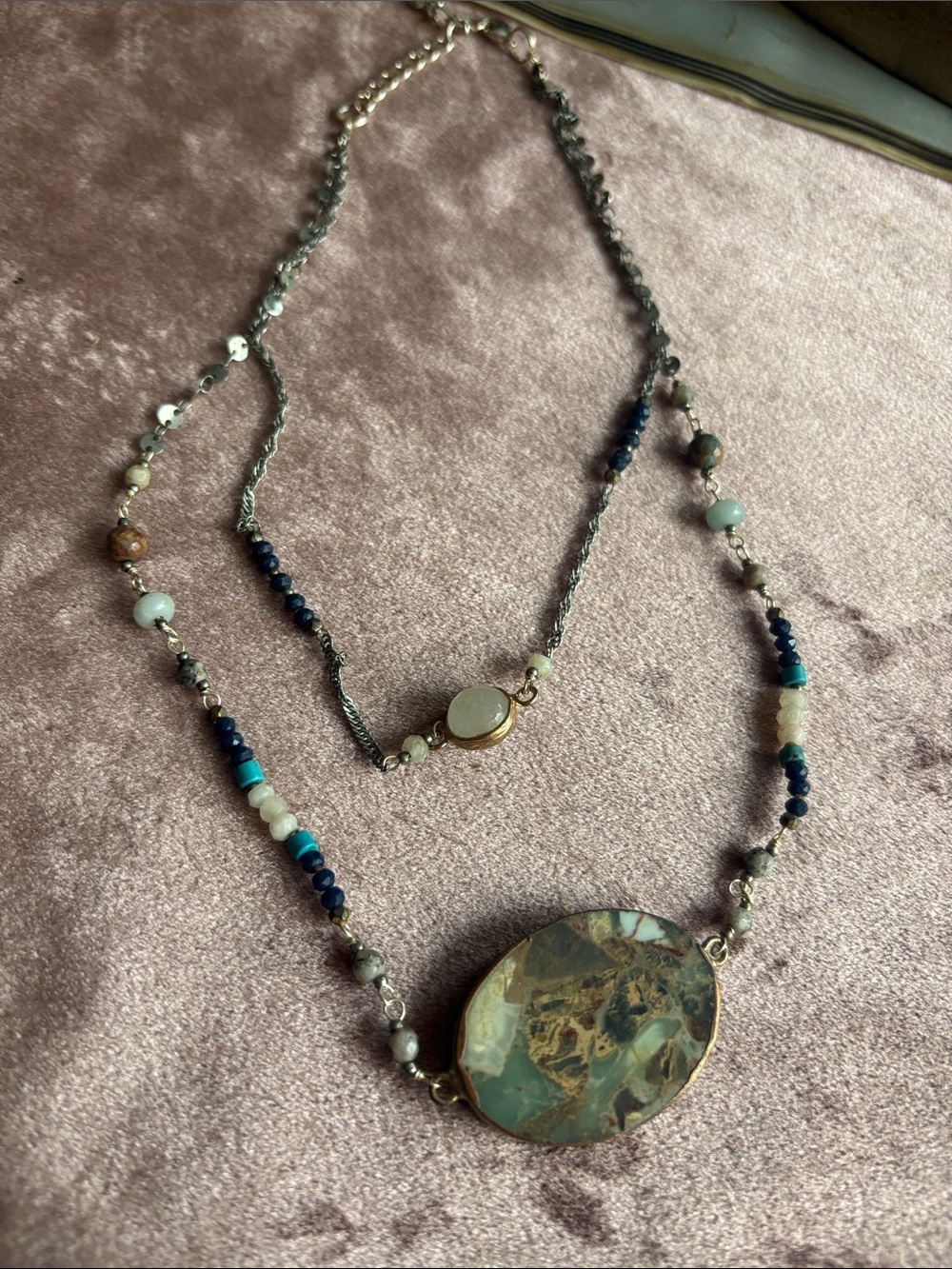 Layered Green Agate Beaded Necklace with Blue Accents -
